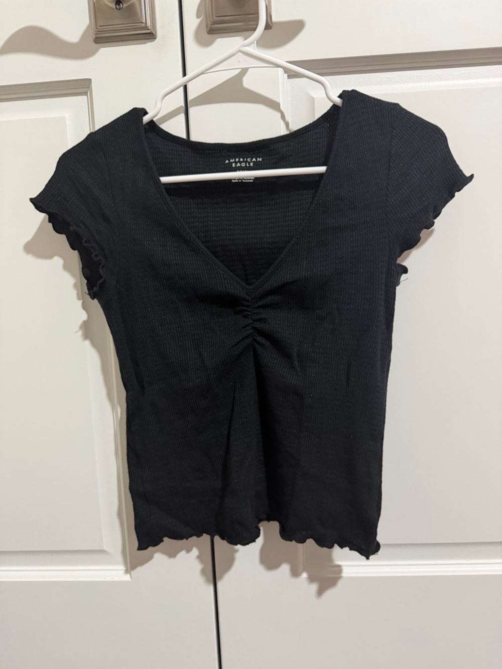 American Eagle Outfitters Black Ribbed V-Neck Tee with Cinched Front